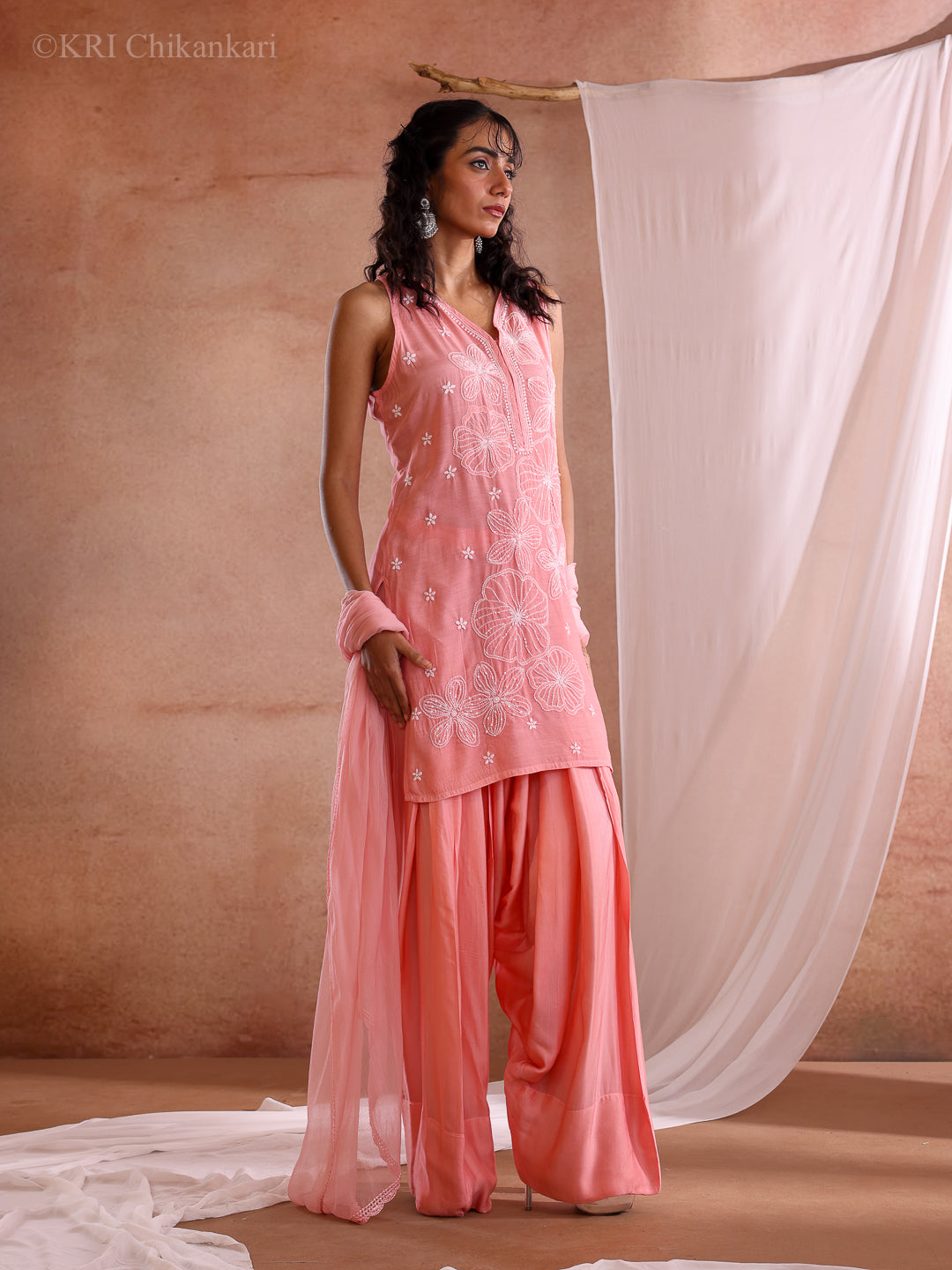 FARSHI CHIKANKARI PEACH MUSLIN KURTA