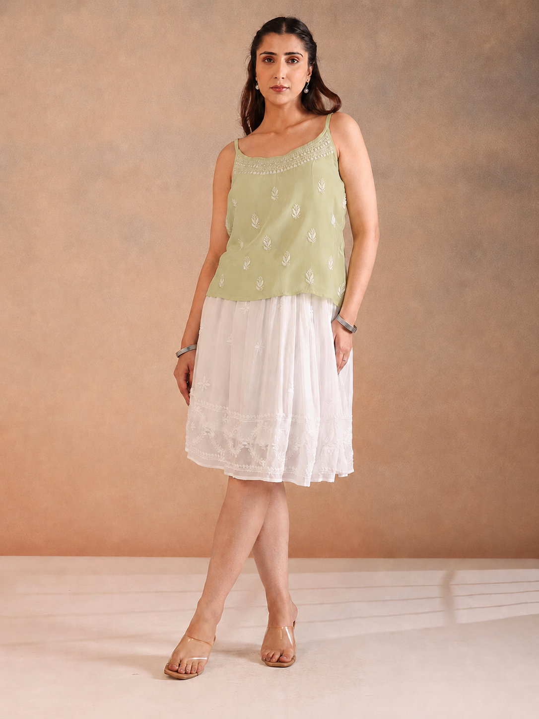 VEHA CHIKANKARI GREEN CREPE TOP