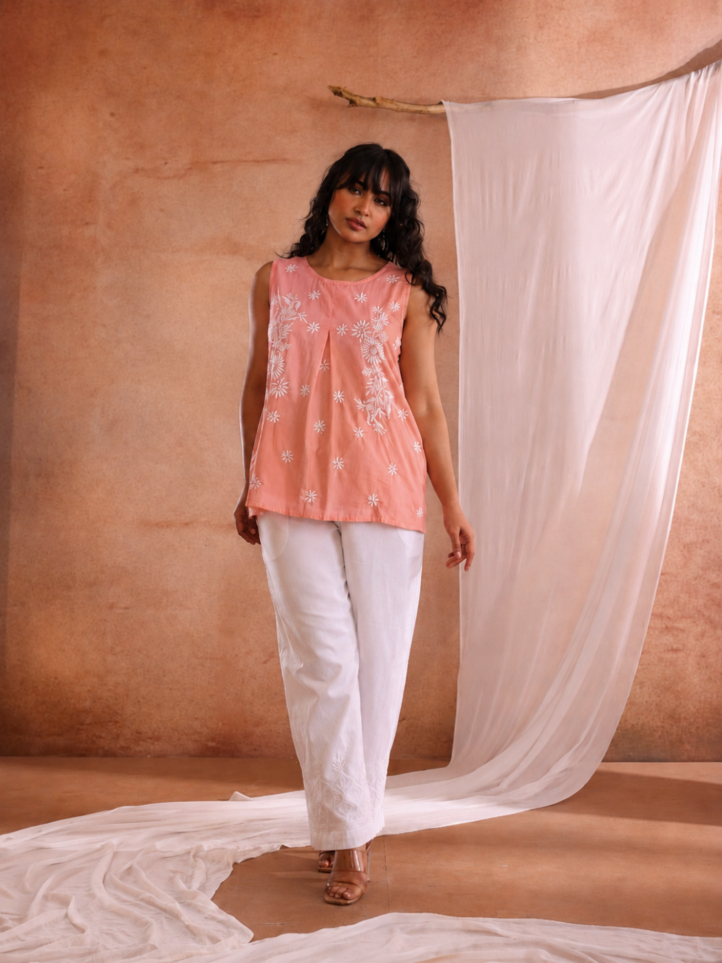 MALA CHIKANKARI PEACH COTTON TOP