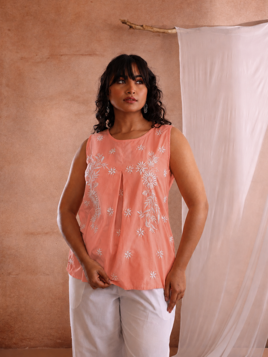 MALA CHIKANKARI PEACH COTTON TOP