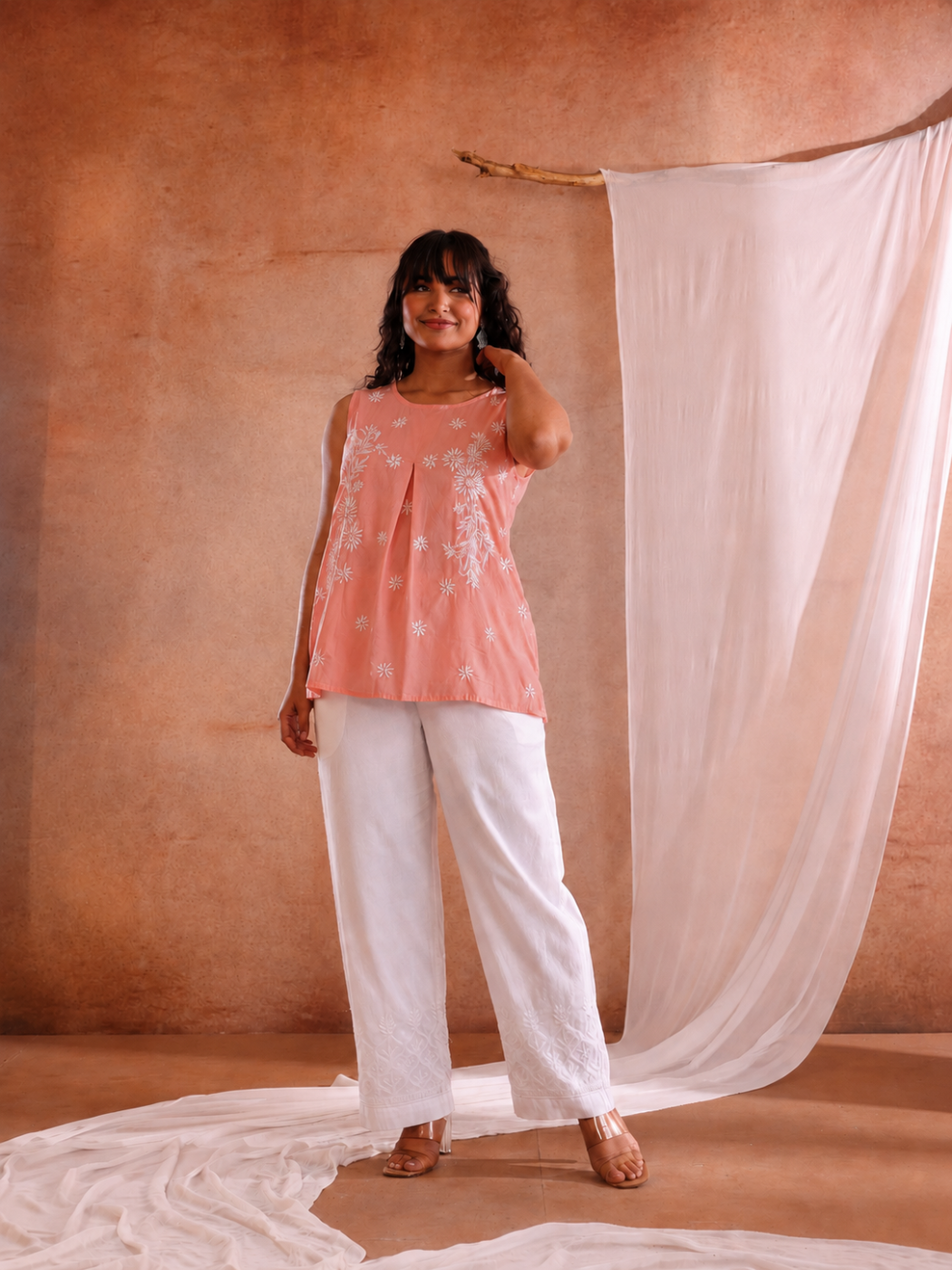MALA CHIKANKARI PEACH COTTON TOP