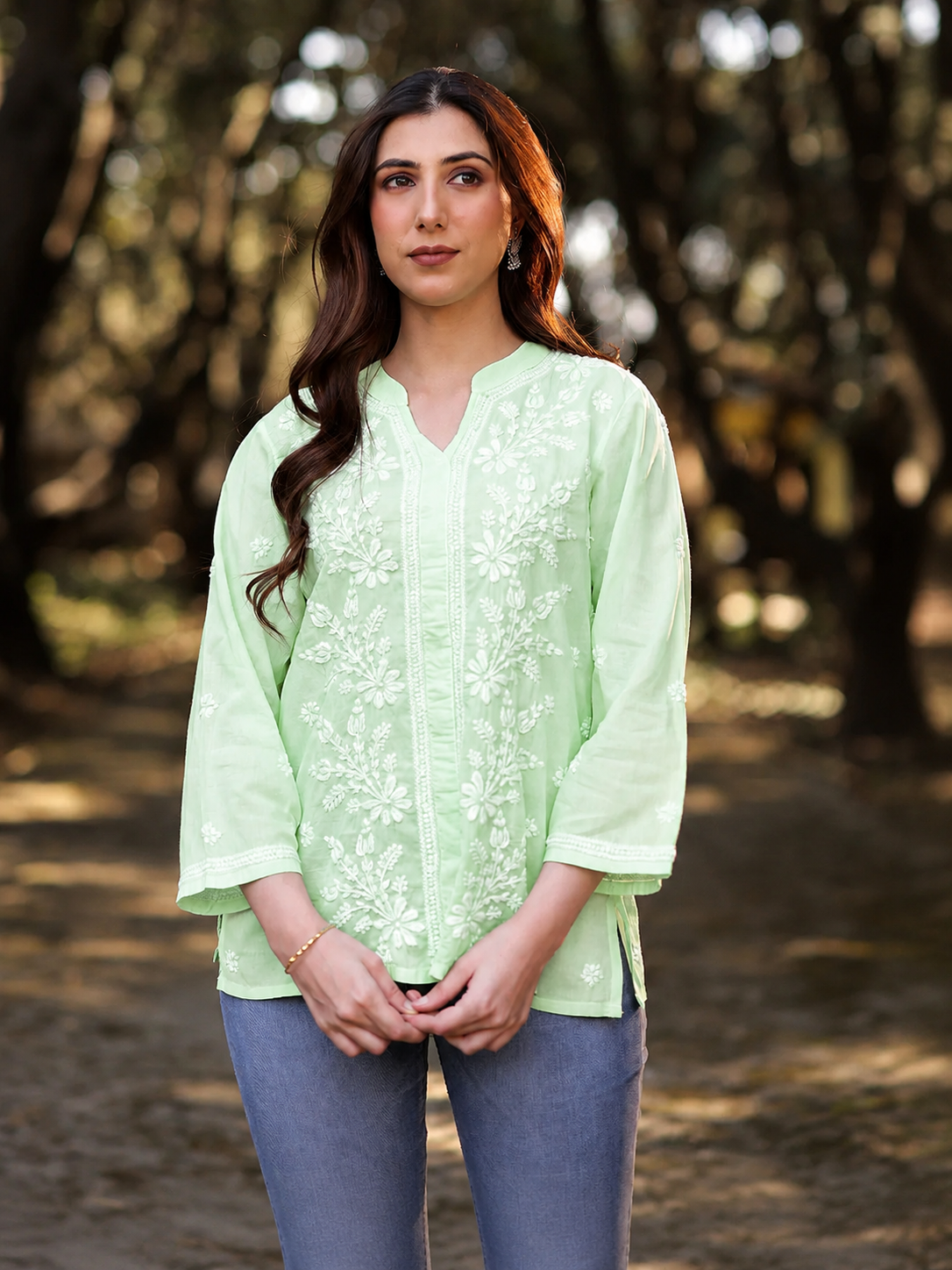 ZOYA Chikankari Cotton Mul Mint Green Top
