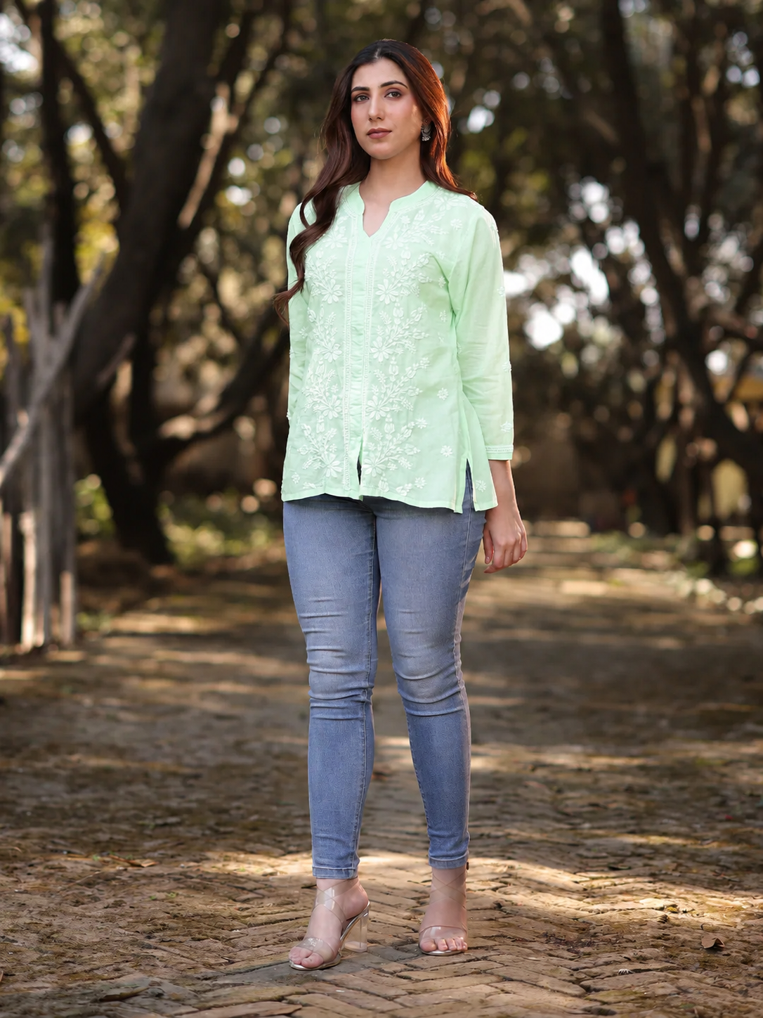 ZOYA Chikankari Cotton Mul Mint Green Top