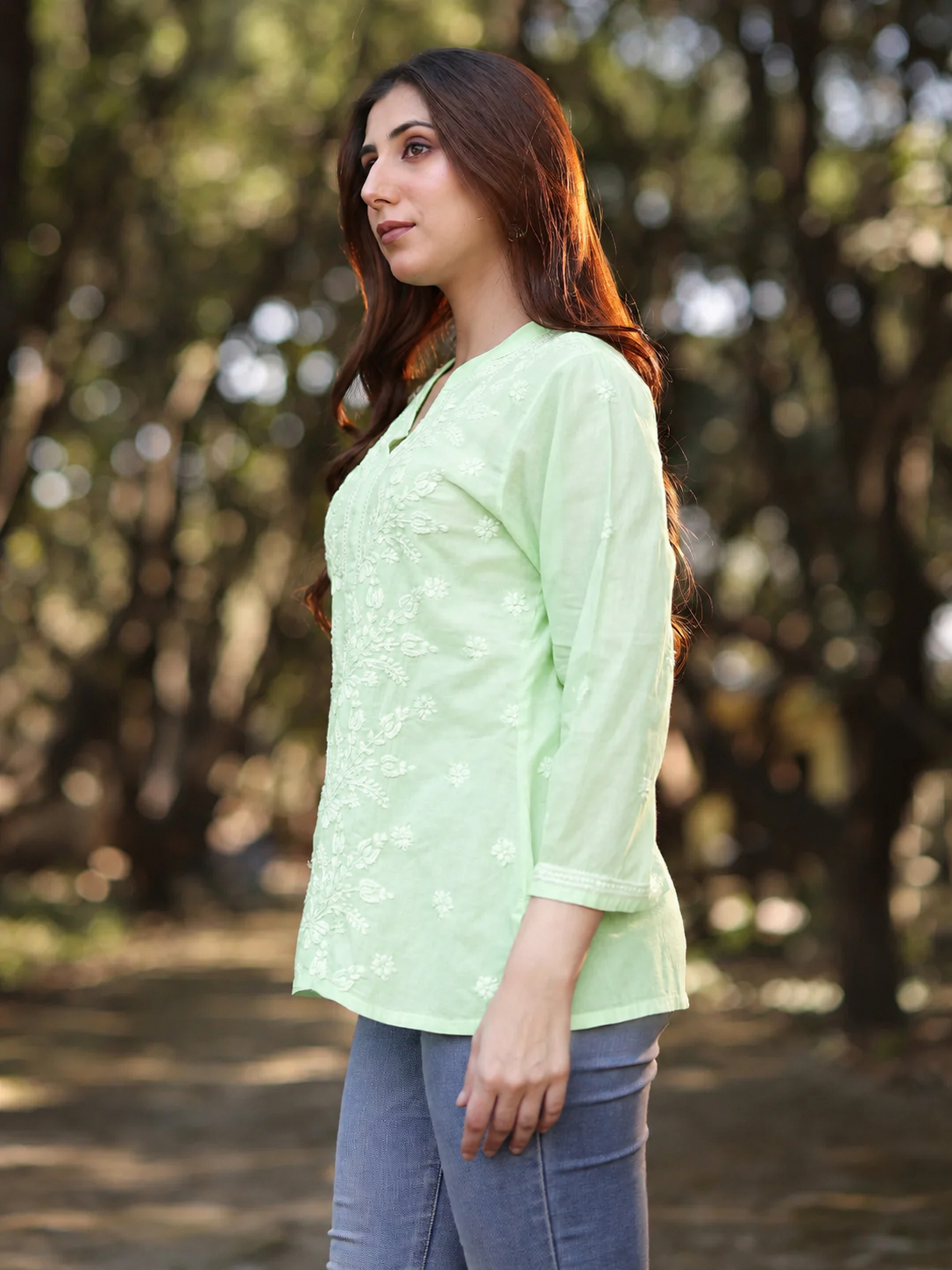 ZOYA Chikankari Cotton Mul Mint Green Top