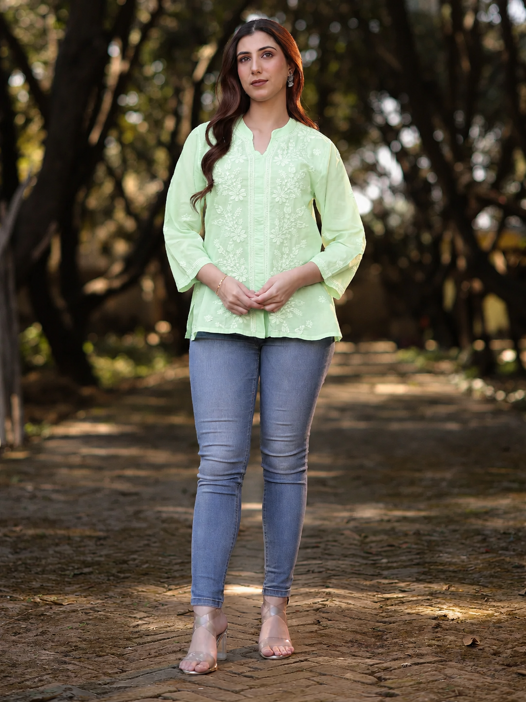 ZOYA Chikankari Cotton Mul Mint Green Top