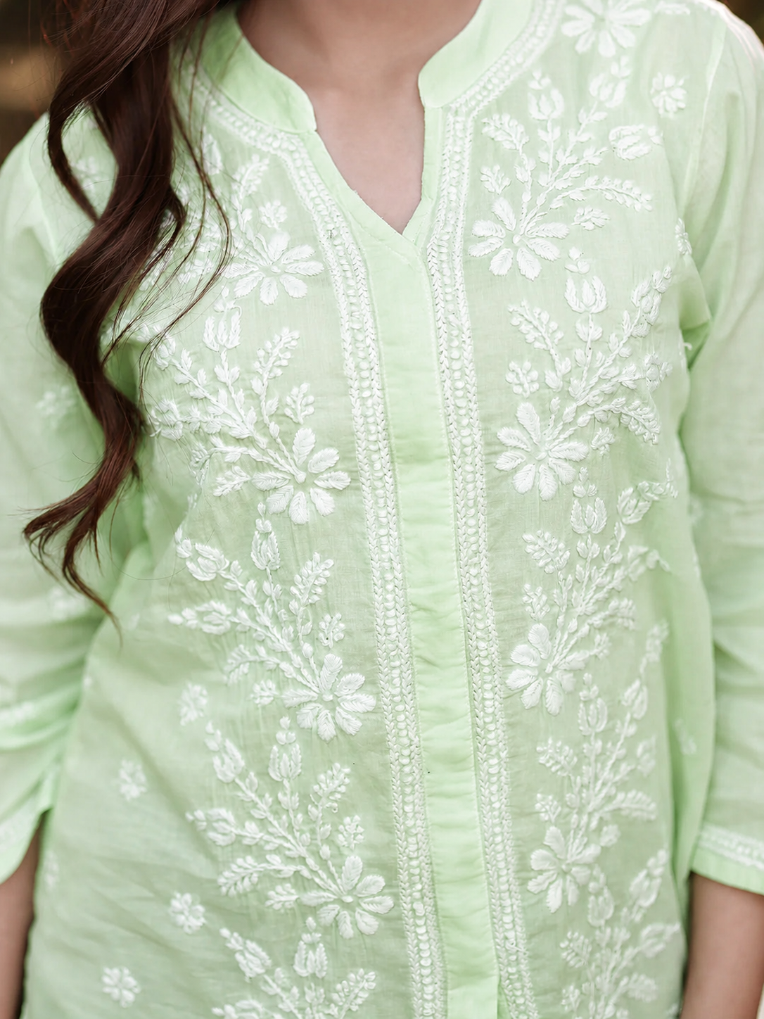 ZOYA Chikankari Cotton Mul Mint Green Top