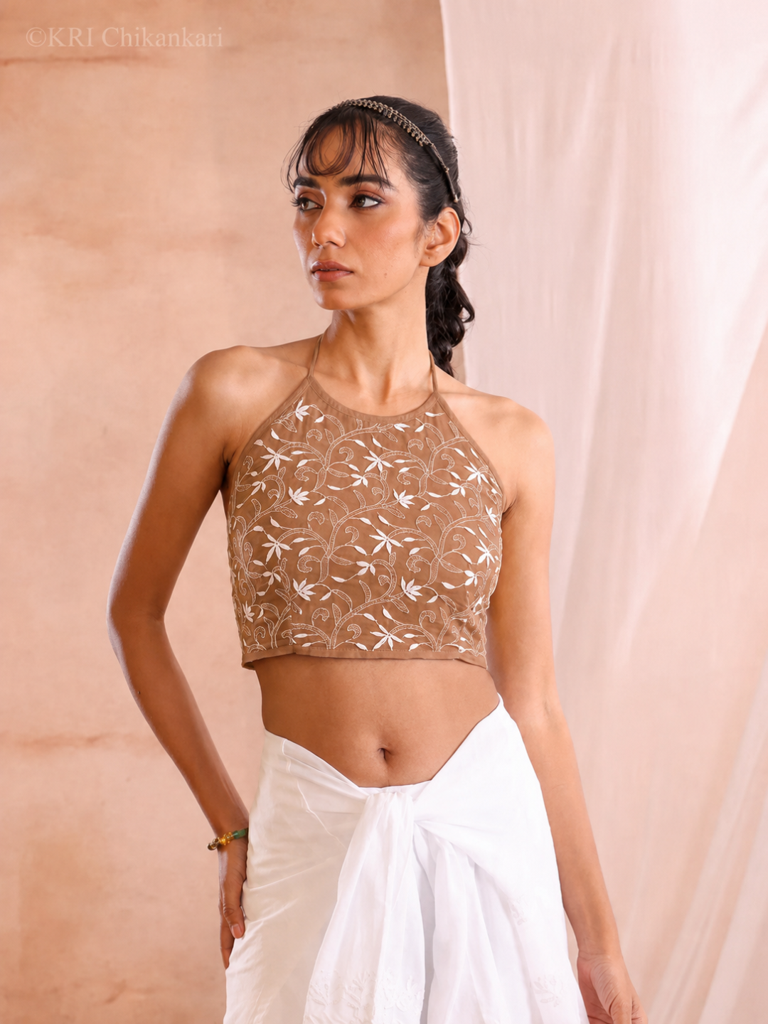 ZARA CHIKANKARI BROWN COTTON HALTER TOP