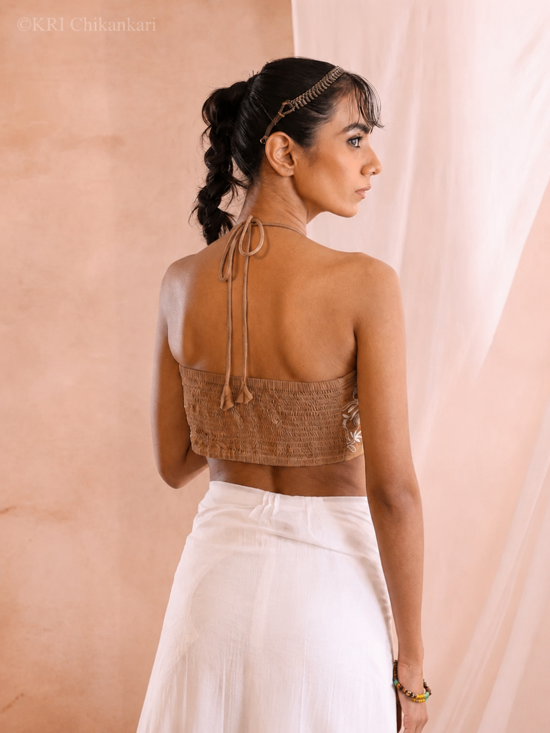 ZARA CHIKANKARI BROWN COTTON HALTER TOP