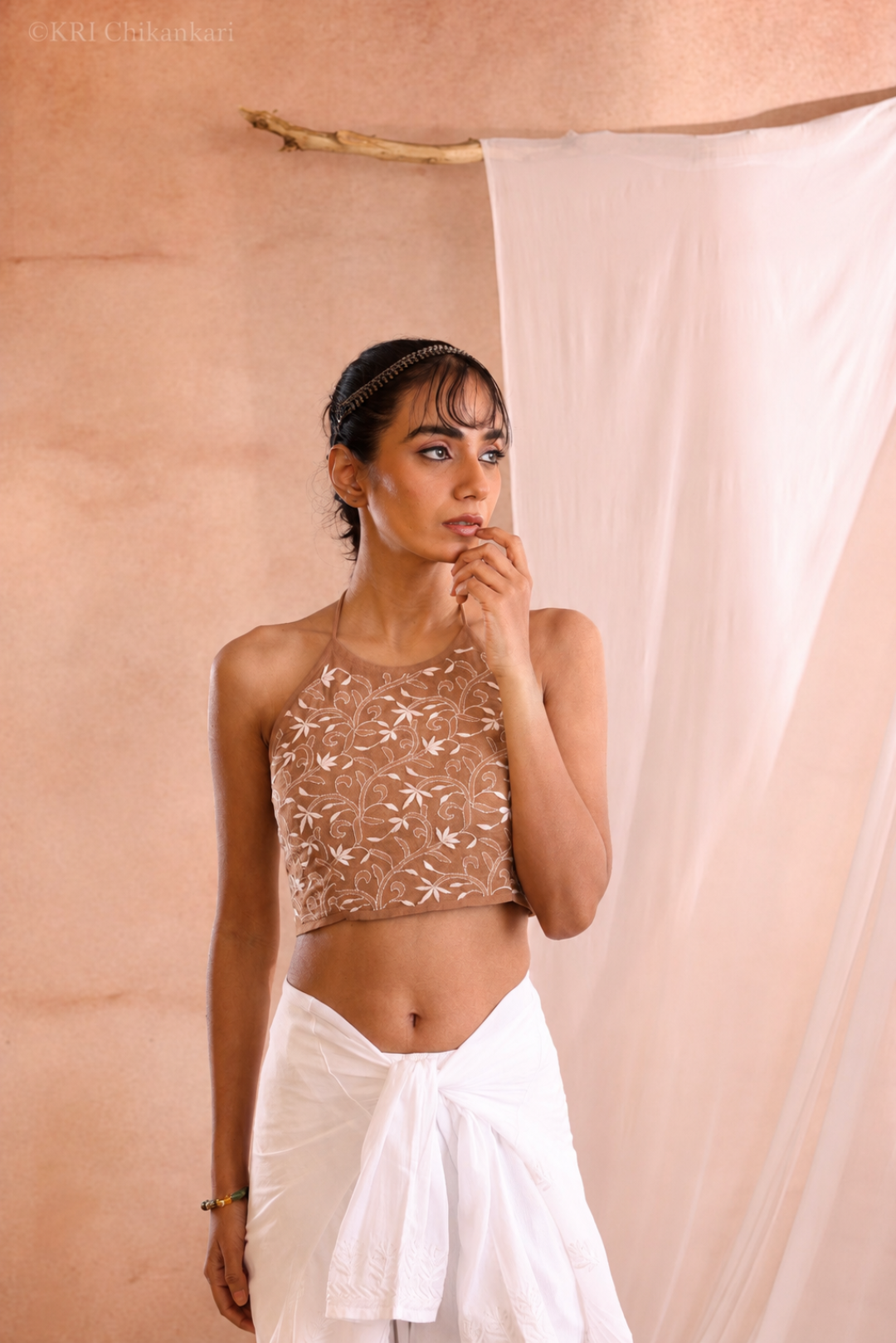 ZARA CHIKANKARI BROWN COTTON HALTER TOP