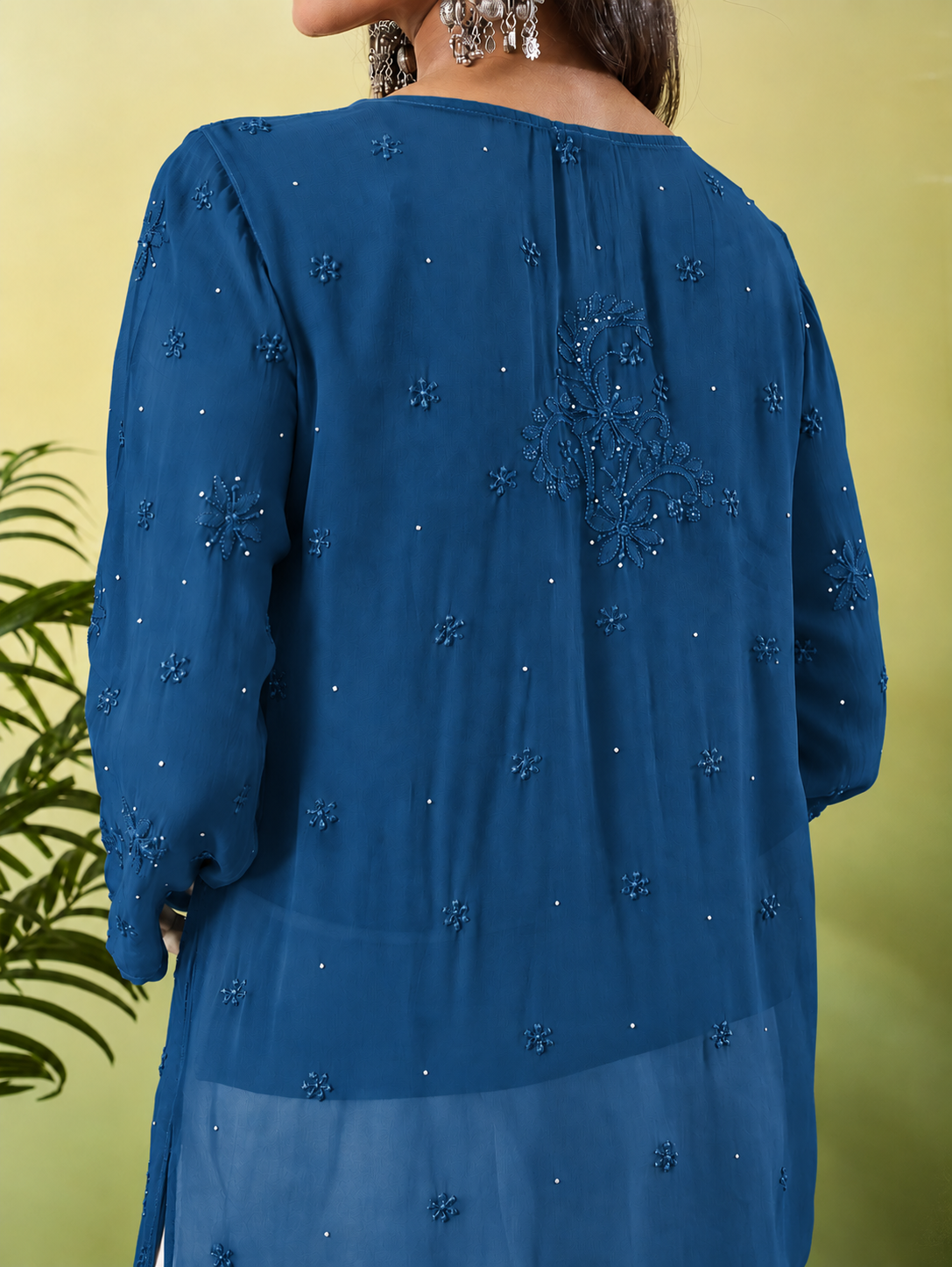 JUHI CHIKANKARI GEORGETTE TEAL BLUE TOP