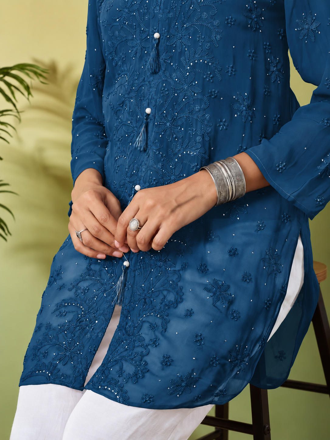 JUHI CHIKANKARI GEORGETTE TEAL BLUE TOP