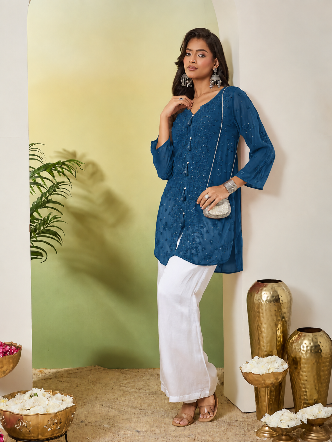 JUHI CHIKANKARI GEORGETTE TEAL BLUE TOP