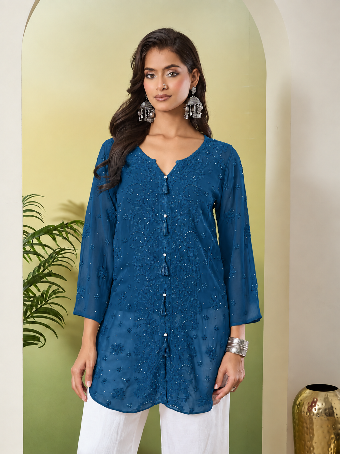 JUHI CHIKANKARI GEORGETTE TEAL BLUE TOP
