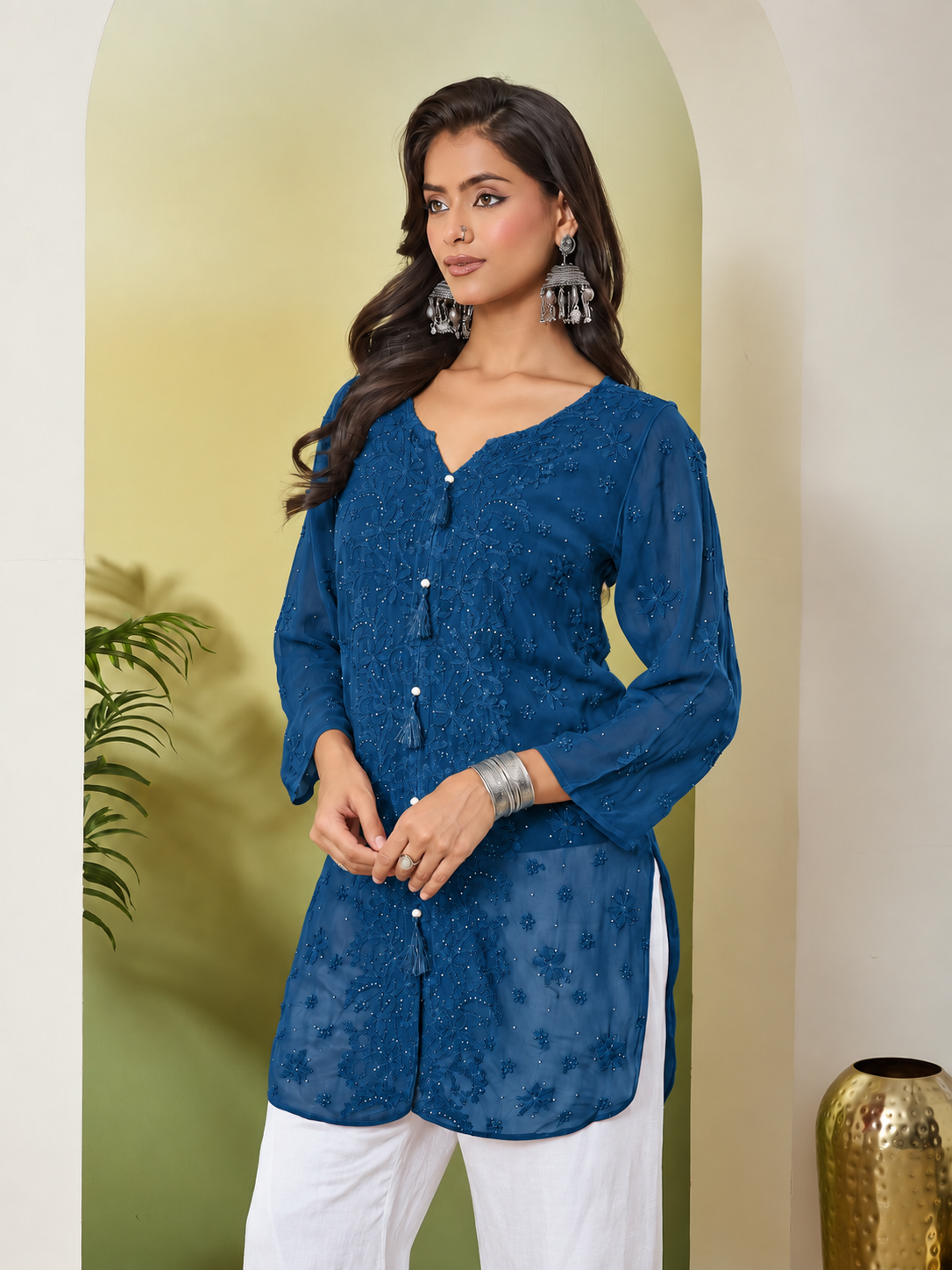JUHI CHIKANKARI GEORGETTE TEAL BLUE TOP