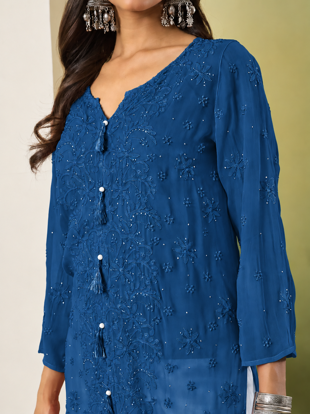 JUHI CHIKANKARI GEORGETTE TEAL BLUE TOP