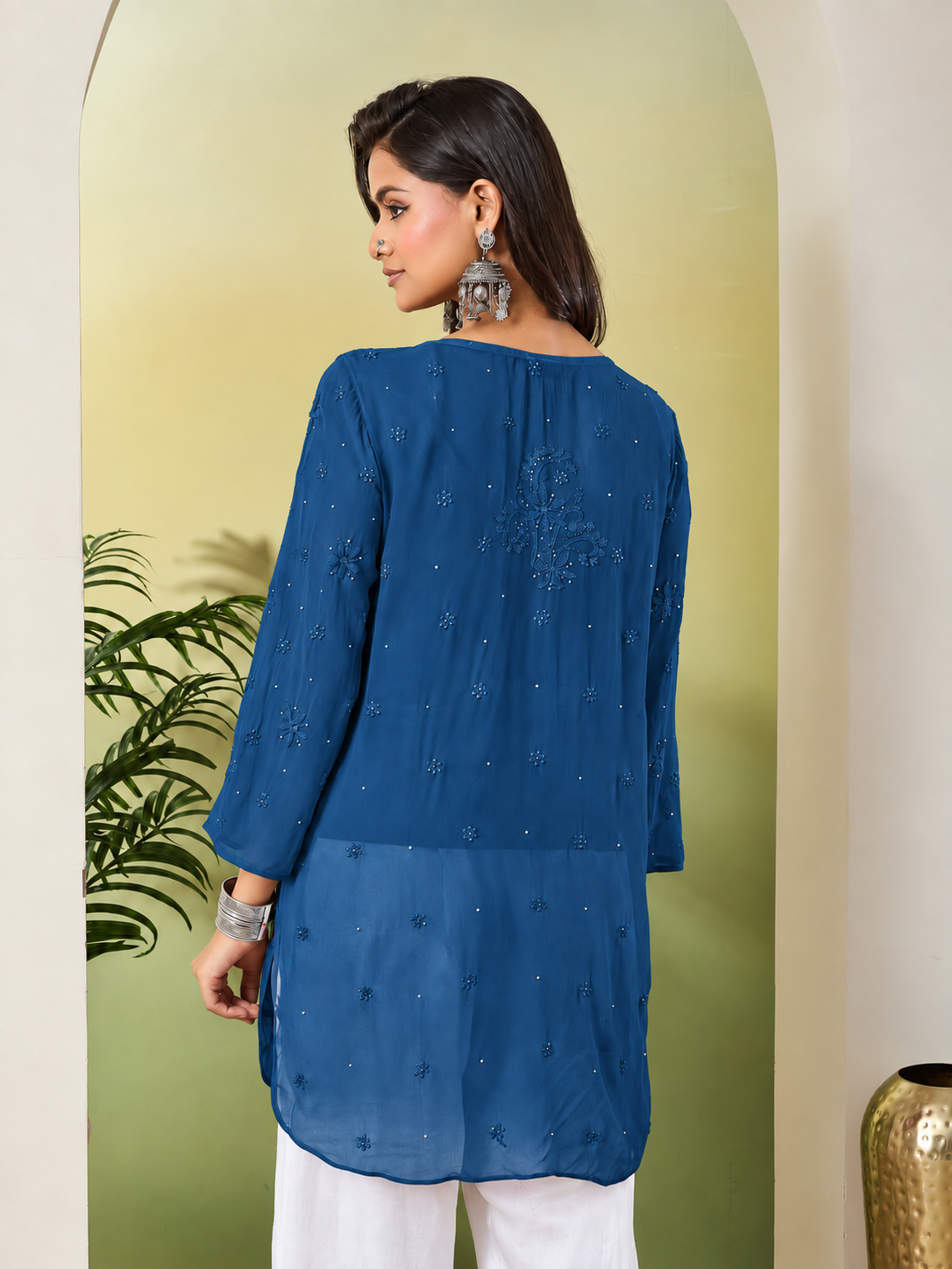 JUHI CHIKANKARI GEORGETTE TEAL BLUE TOP