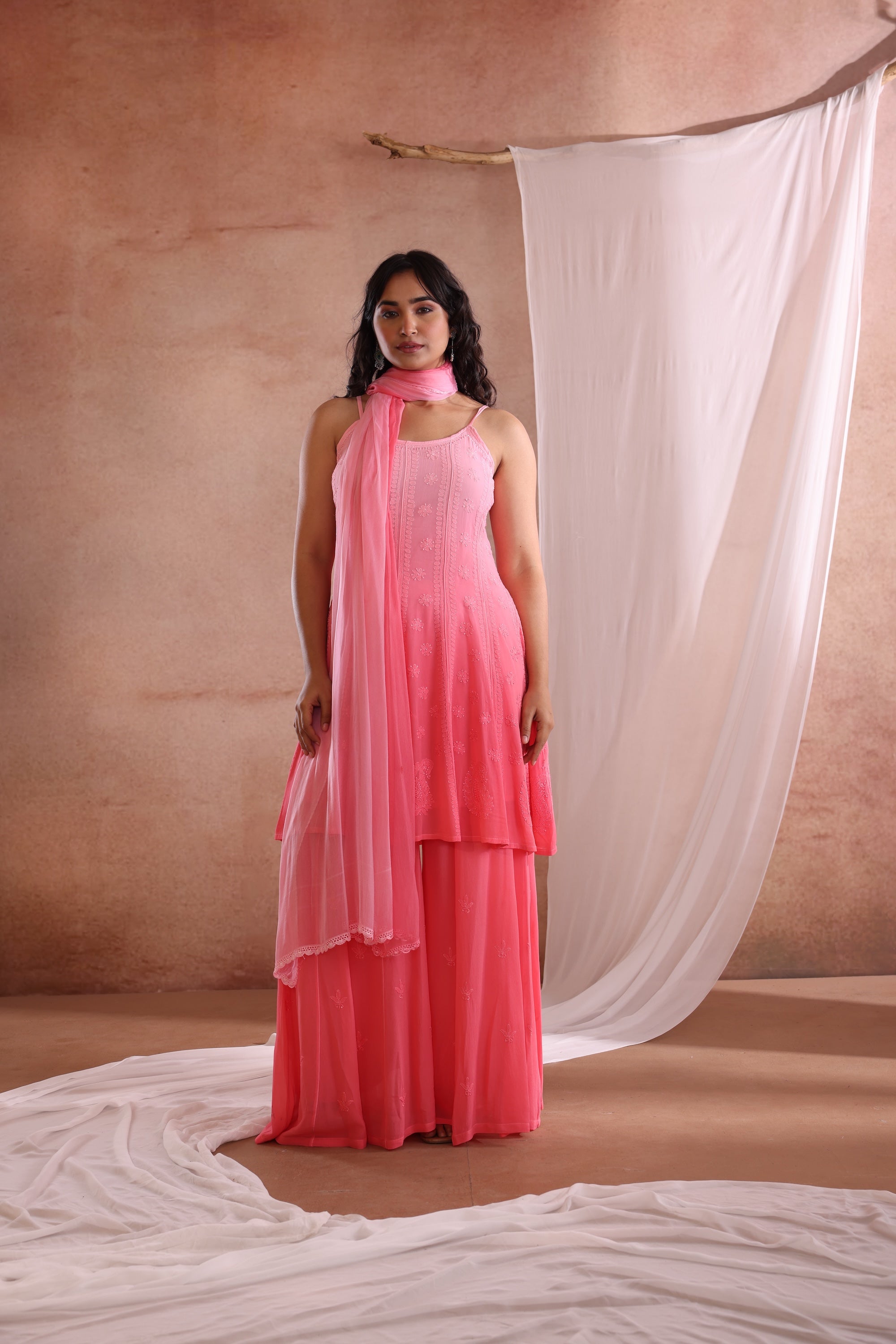 PARNA CHIKANKARI PEACH GEORGETTE GHARARA SET
