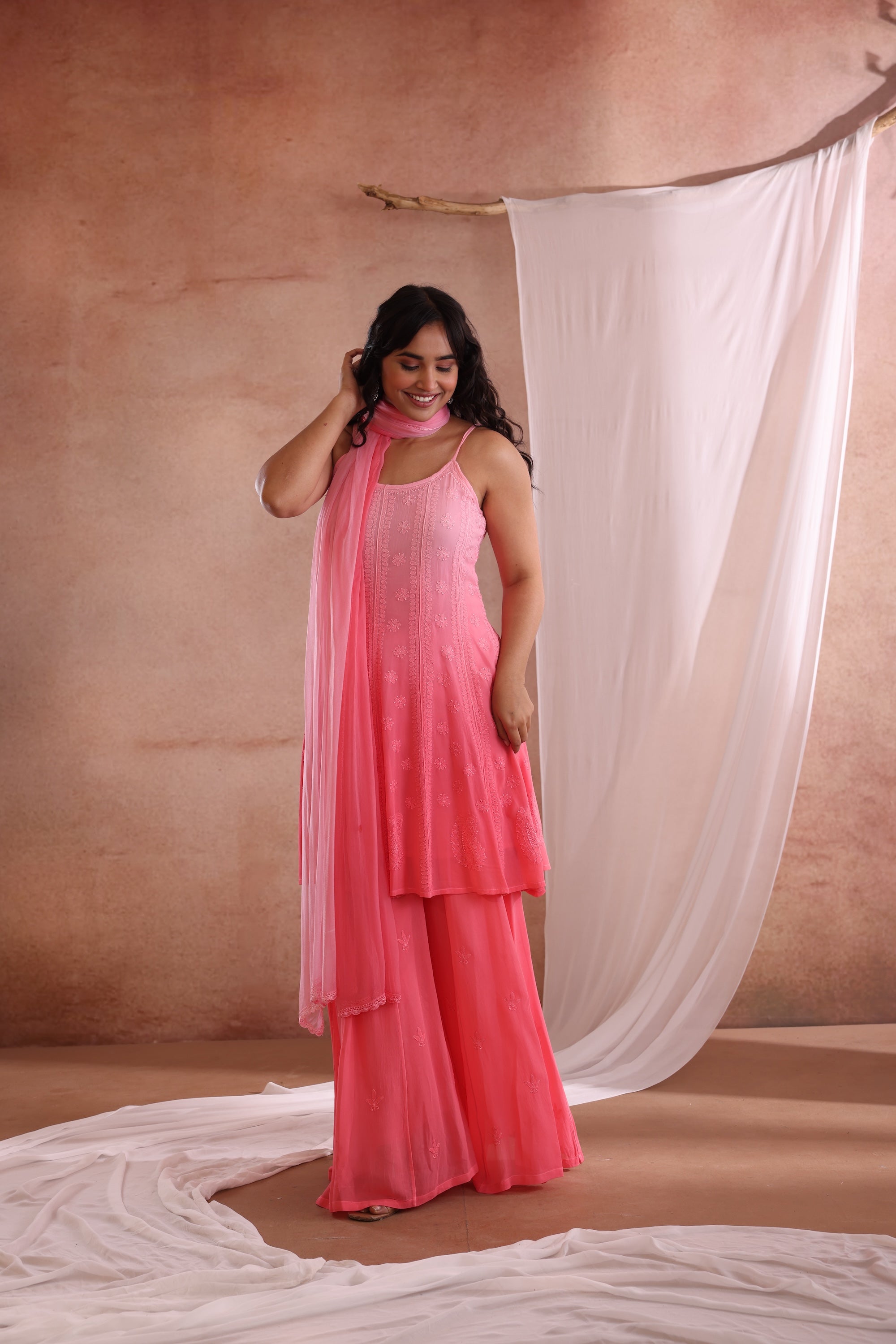 PARNA CHIKANKARI PEACH GEORGETTE GHARARA SET