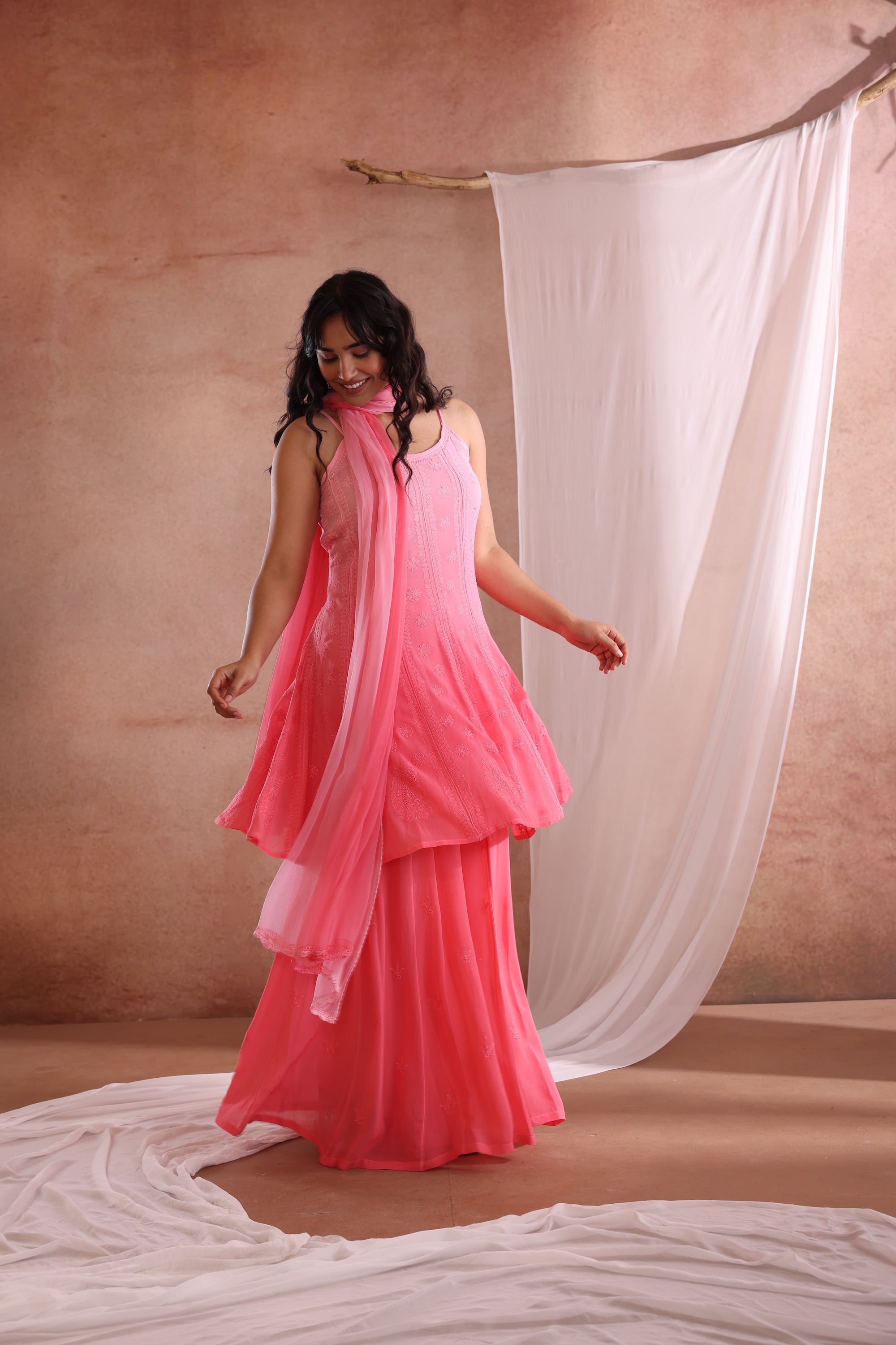 PARNA CHIKANKARI PEACH GEORGETTE GHARARA SET
