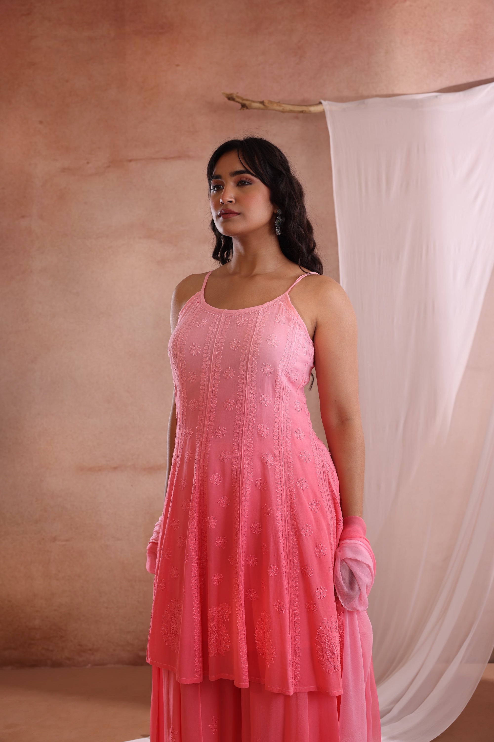 PARNA CHIKANKARI PEACH GEORGETTE GHARARA SET