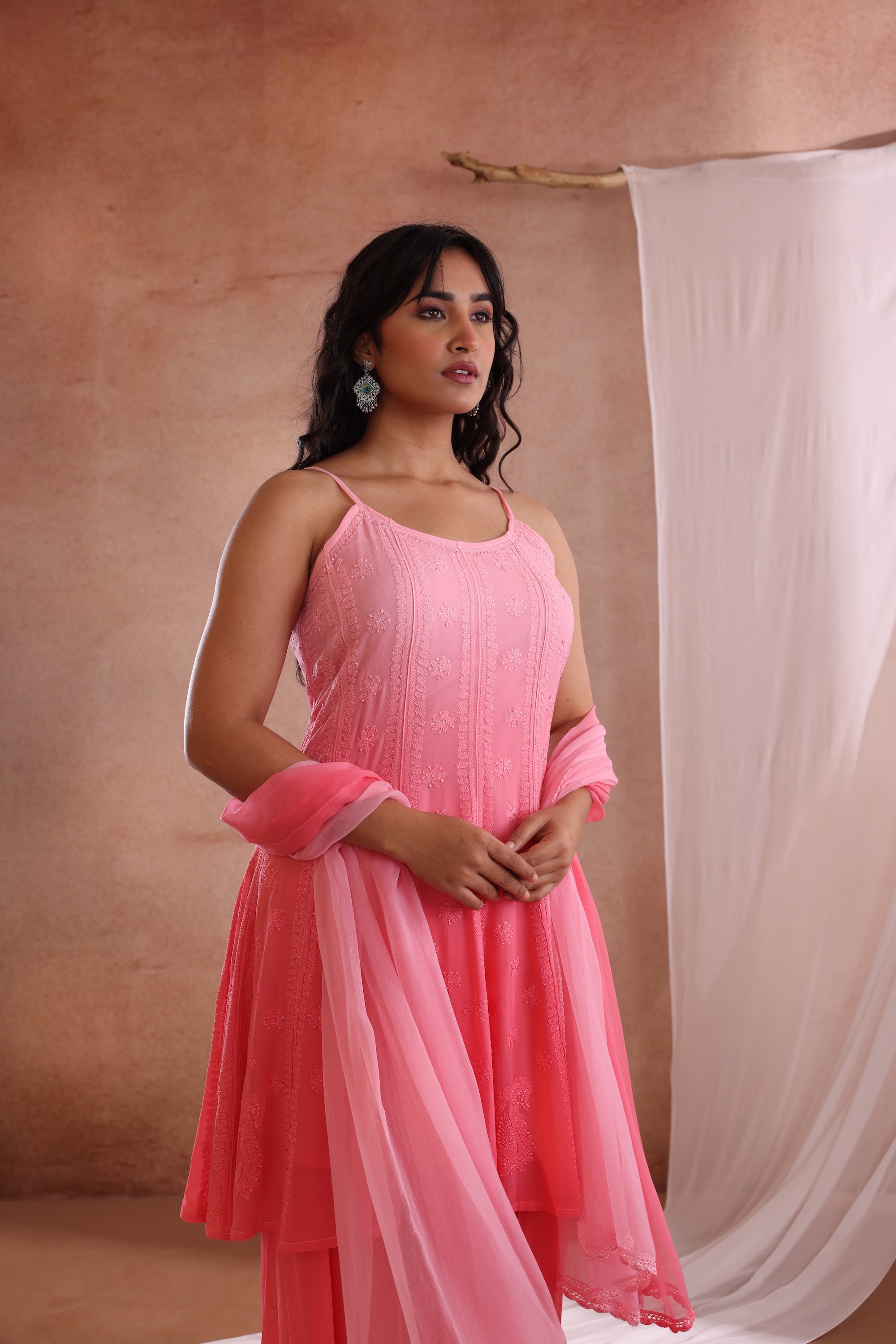 PARNA CHIKANKARI PEACH GEORGETTE GHARARA SET