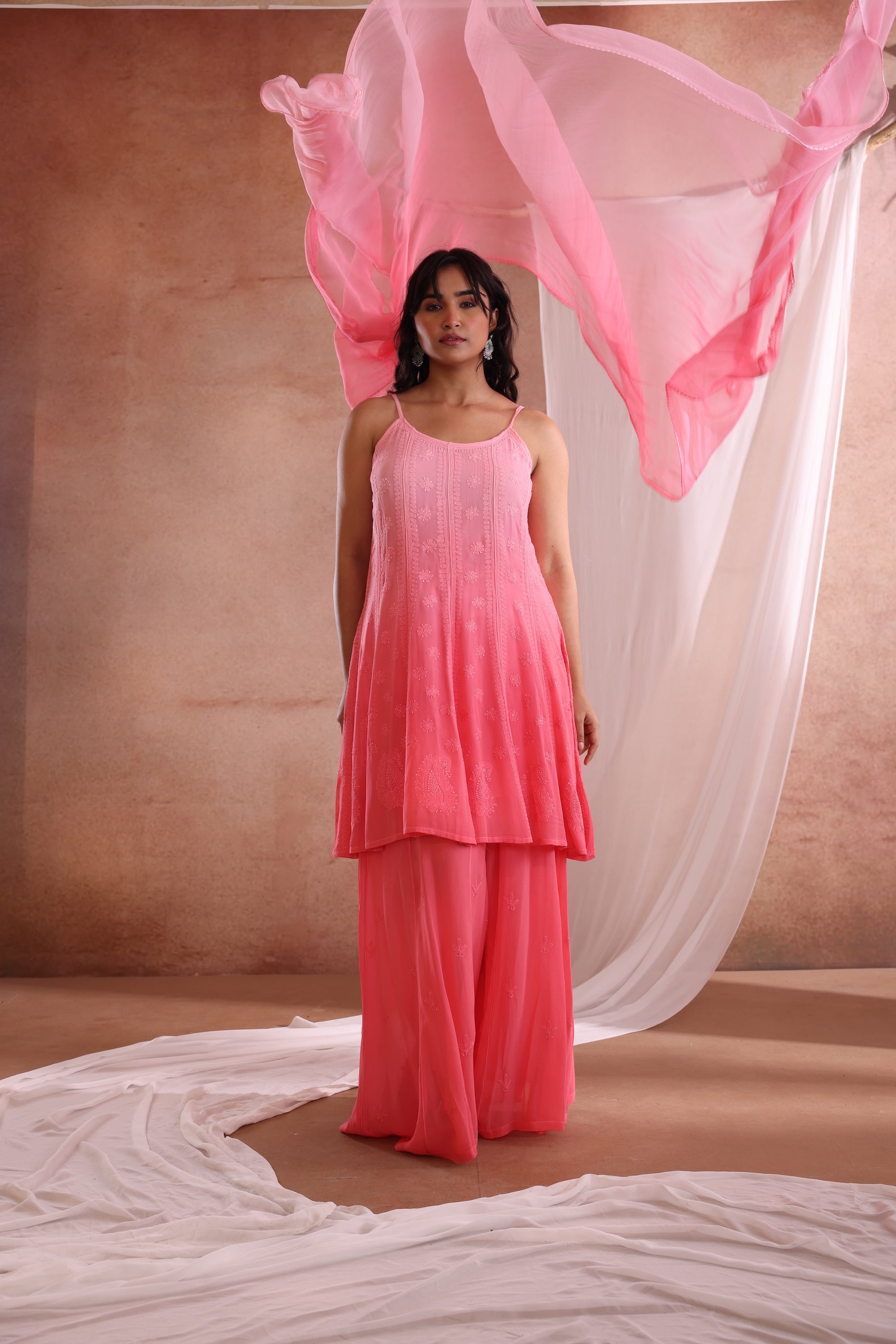 PARNA CHIKANKARI PEACH GEORGETTE GHARARA SET
