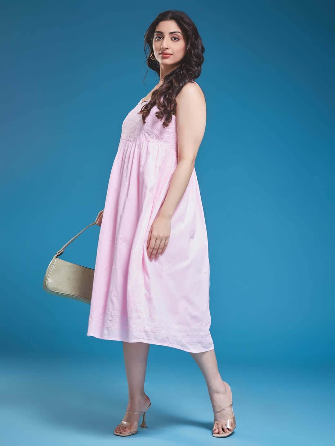 DILBARA Chikankari Cotton Baby Pink Dress - KRI CHIKANKARI