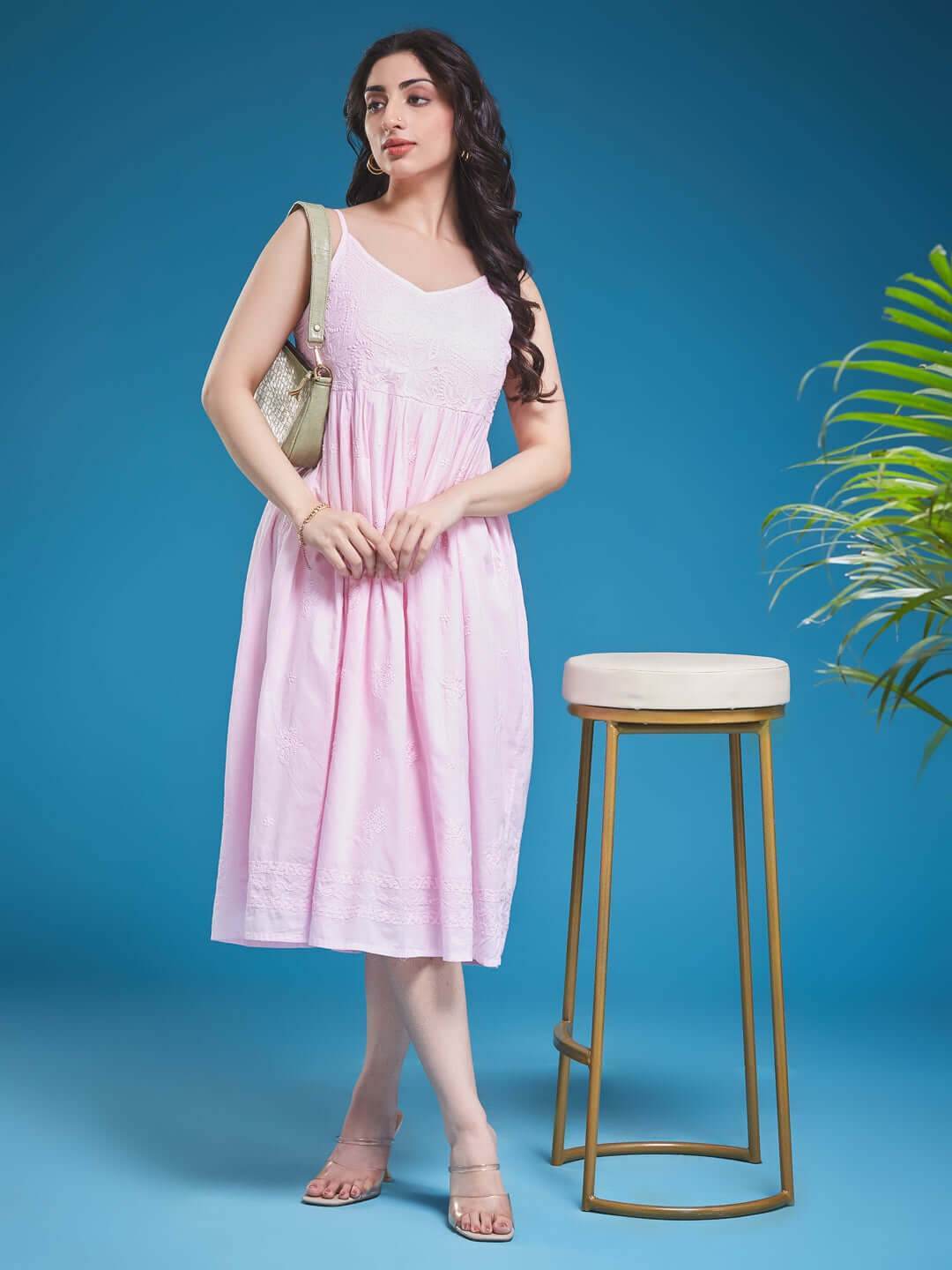 DILBARA Chikankari Cotton Baby Pink Dress - KRI CHIKANKARI