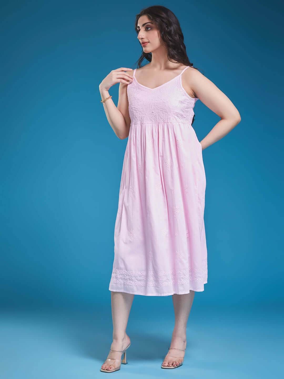 DILBARA Chikankari Cotton Baby Pink Dress - KRI CHIKANKARI