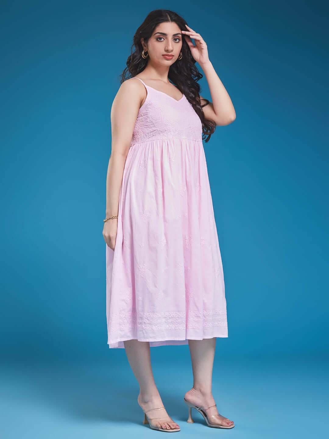 DILBARA Chikankari Cotton Baby Pink Dress - KRI CHIKANKARI