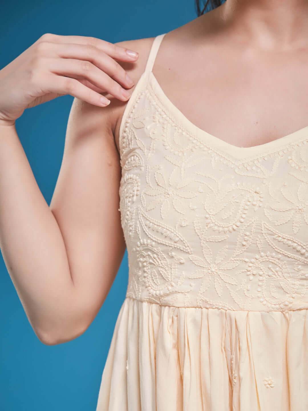 DILBARA Chikankari Cotton Butter Yellow Dress - KRI CHIKANKARI