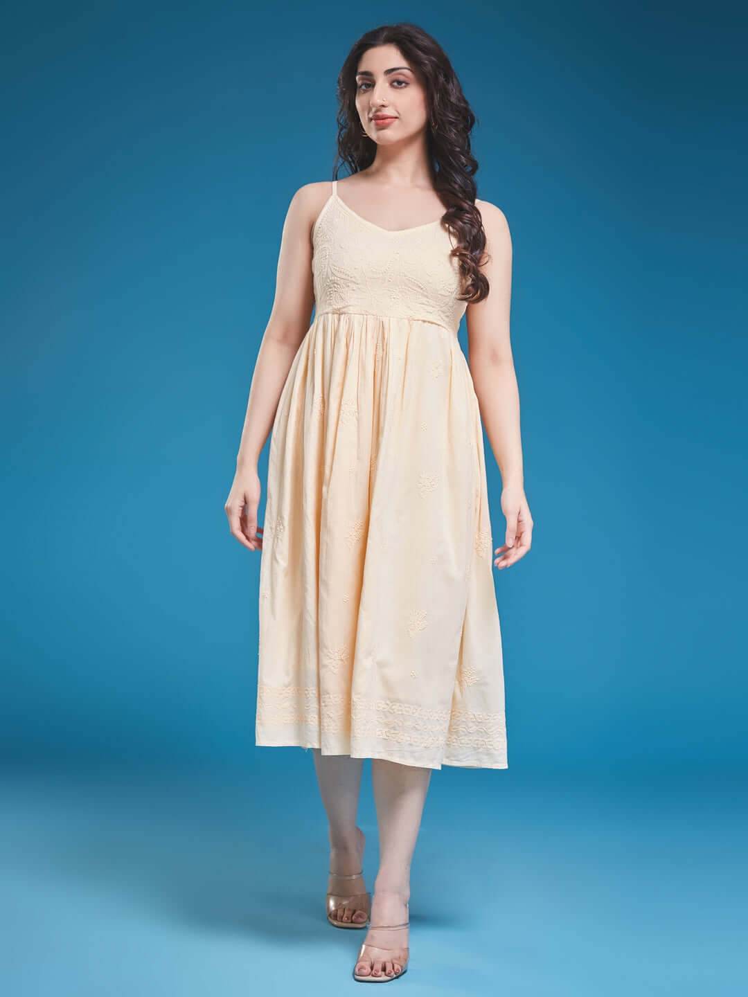 DILBARA Chikankari Cotton Butter Yellow Dress - KRI CHIKANKARI