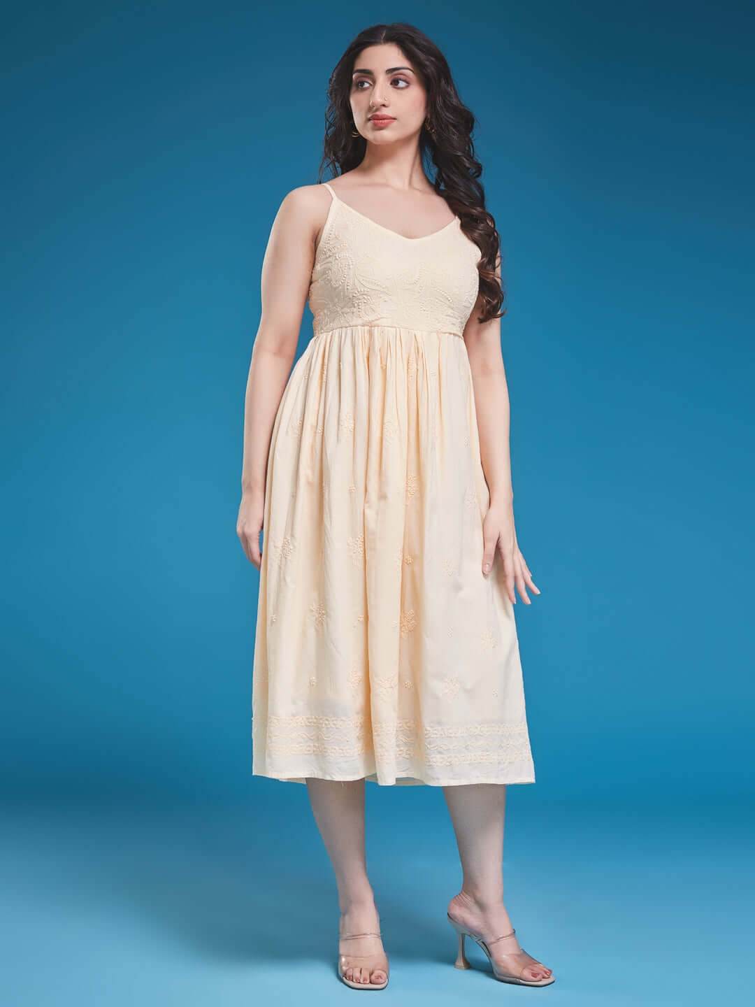 DILBARA Chikankari Cotton Butter Yellow Dress - KRI CHIKANKARI