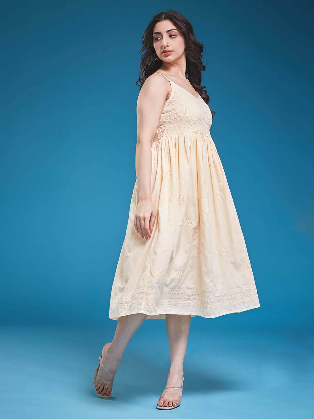 DILBARA Chikankari Cotton Butter Yellow Dress - KRI CHIKANKARI