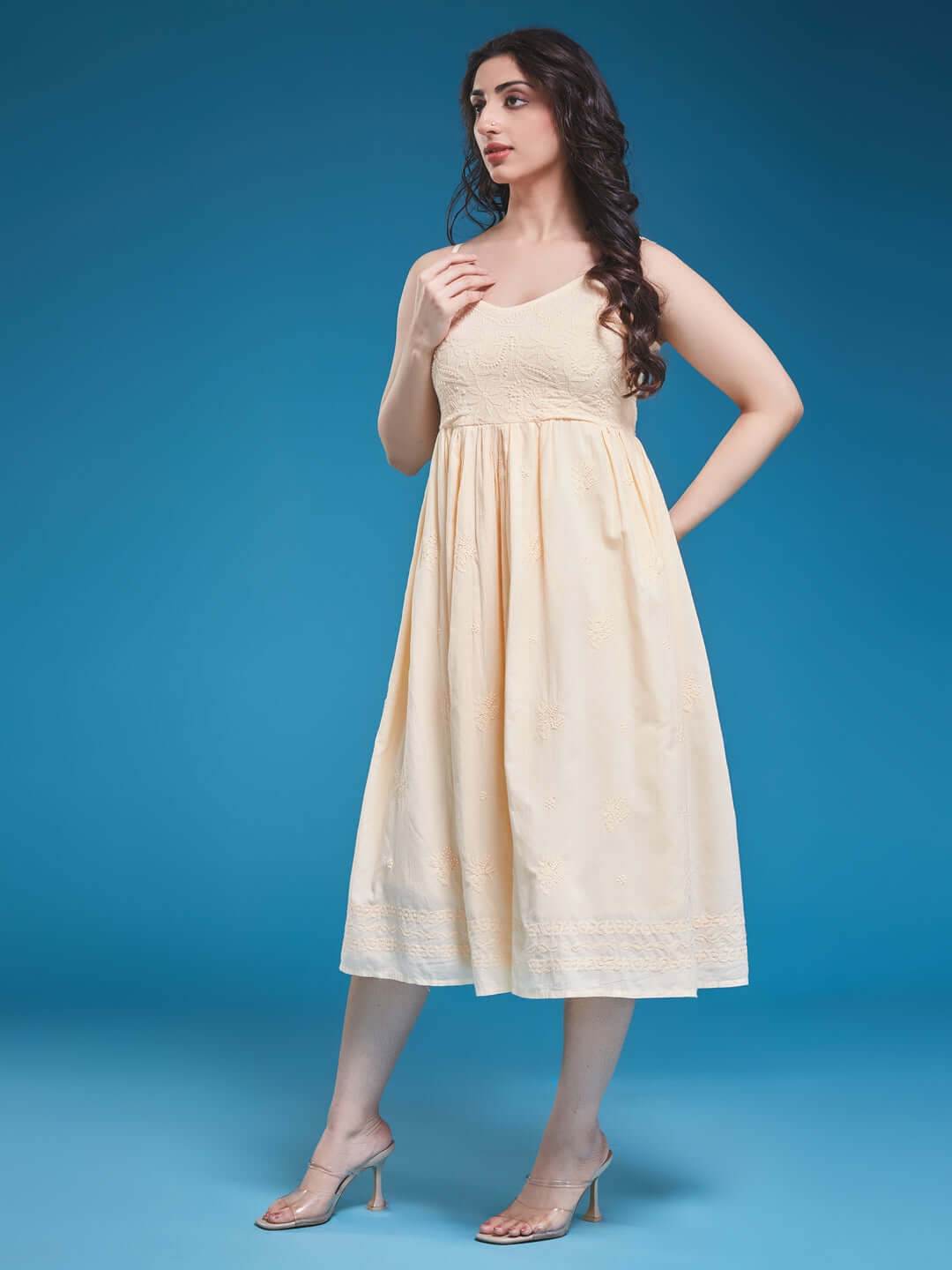 DILBARA Chikankari Cotton Butter Yellow Dress - KRI CHIKANKARI