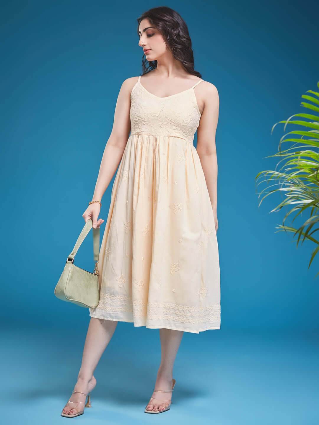 DILBARA Chikankari Cotton Butter Yellow Dress - KRI CHIKANKARI