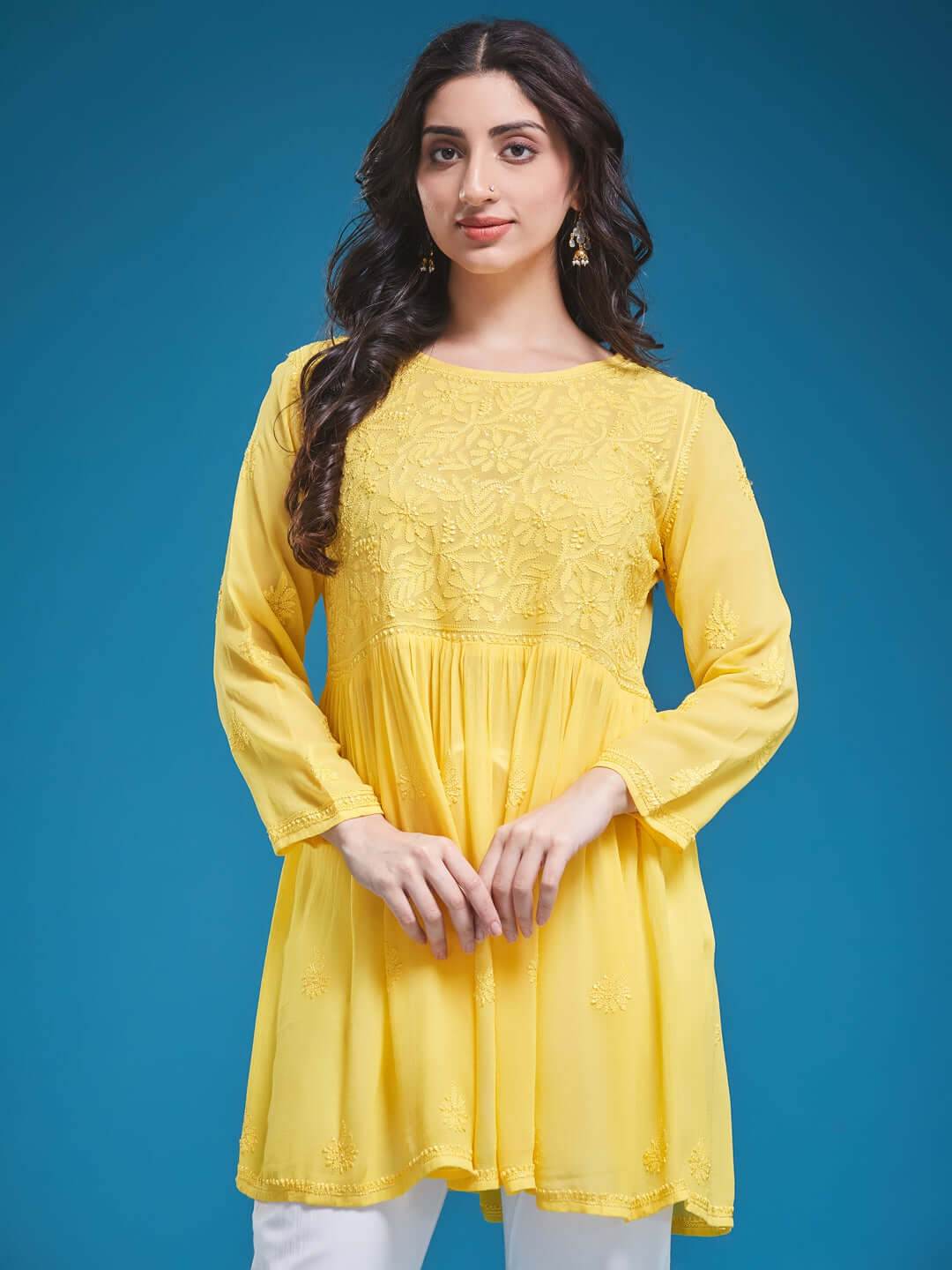 DILKUSHA Chikankari Georgette Mango Yellow Top - KRI CHIKANKARI