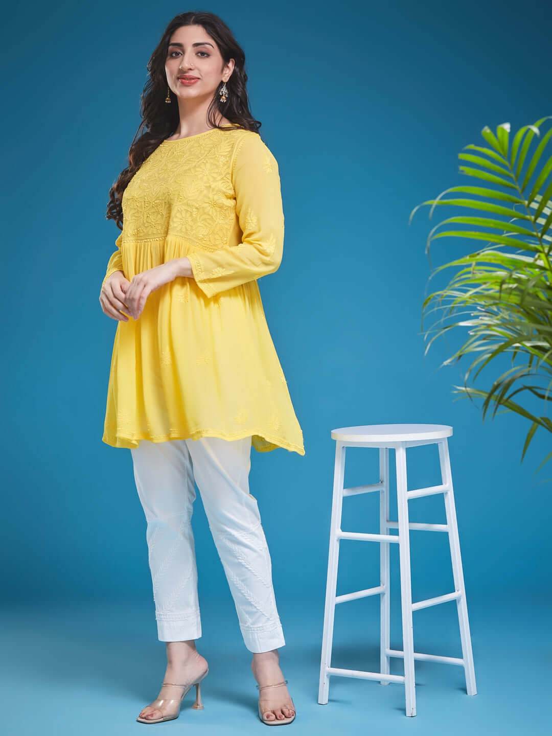 DILKUSHA Chikankari Georgette Mango Yellow Top - KRI CHIKANKARI