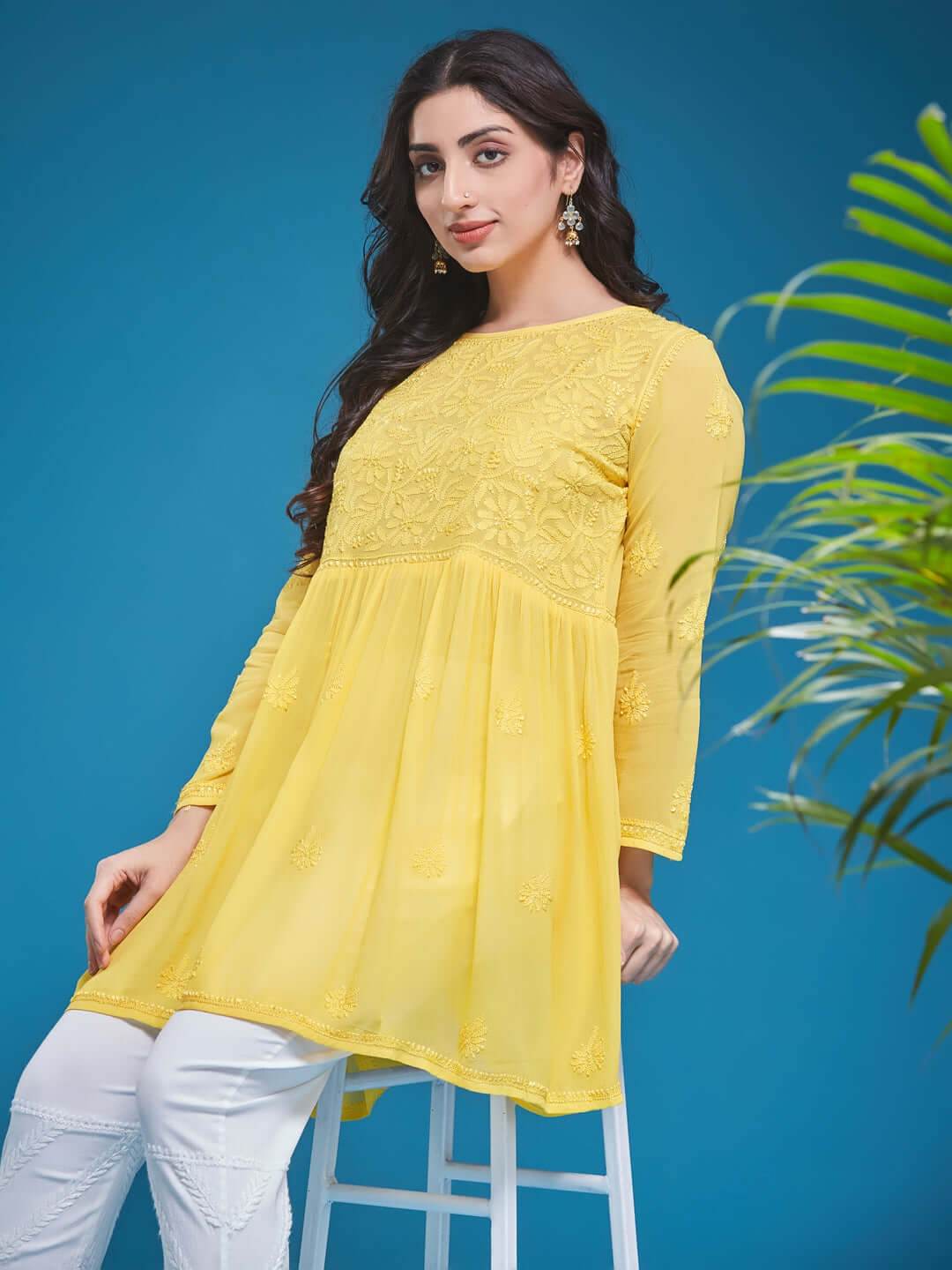 DILKUSHA Chikankari Georgette Mango Yellow Top - KRI CHIKANKARI