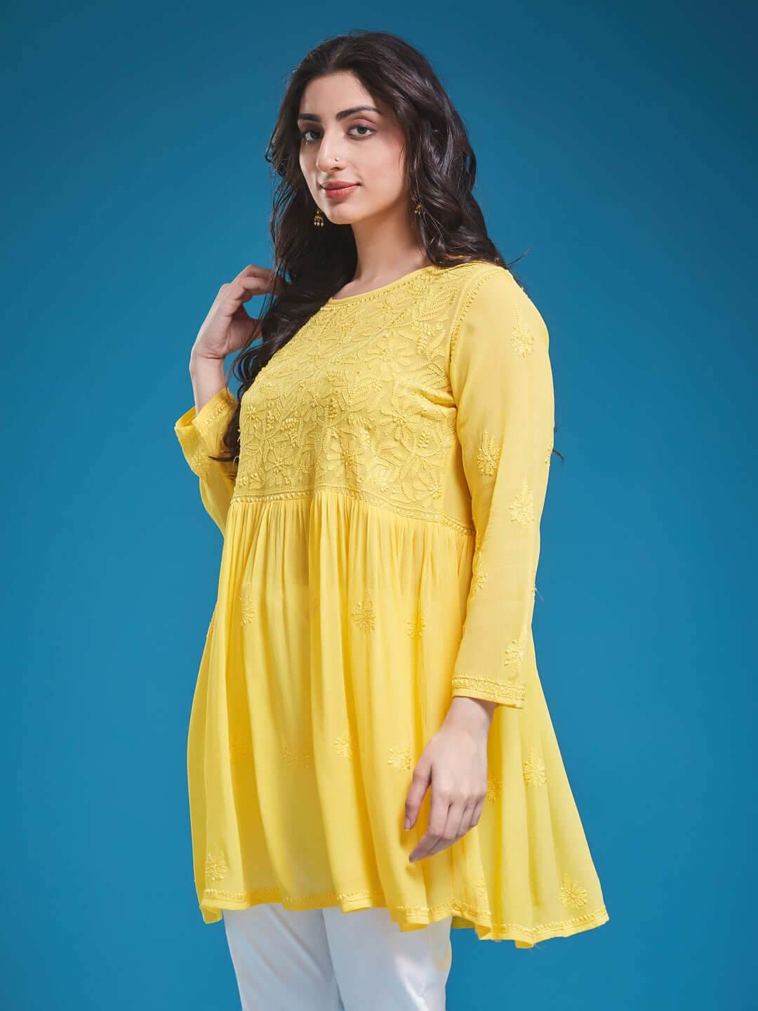 DILKUSHA Chikankari Georgette Mango Yellow Top - KRI CHIKANKARI