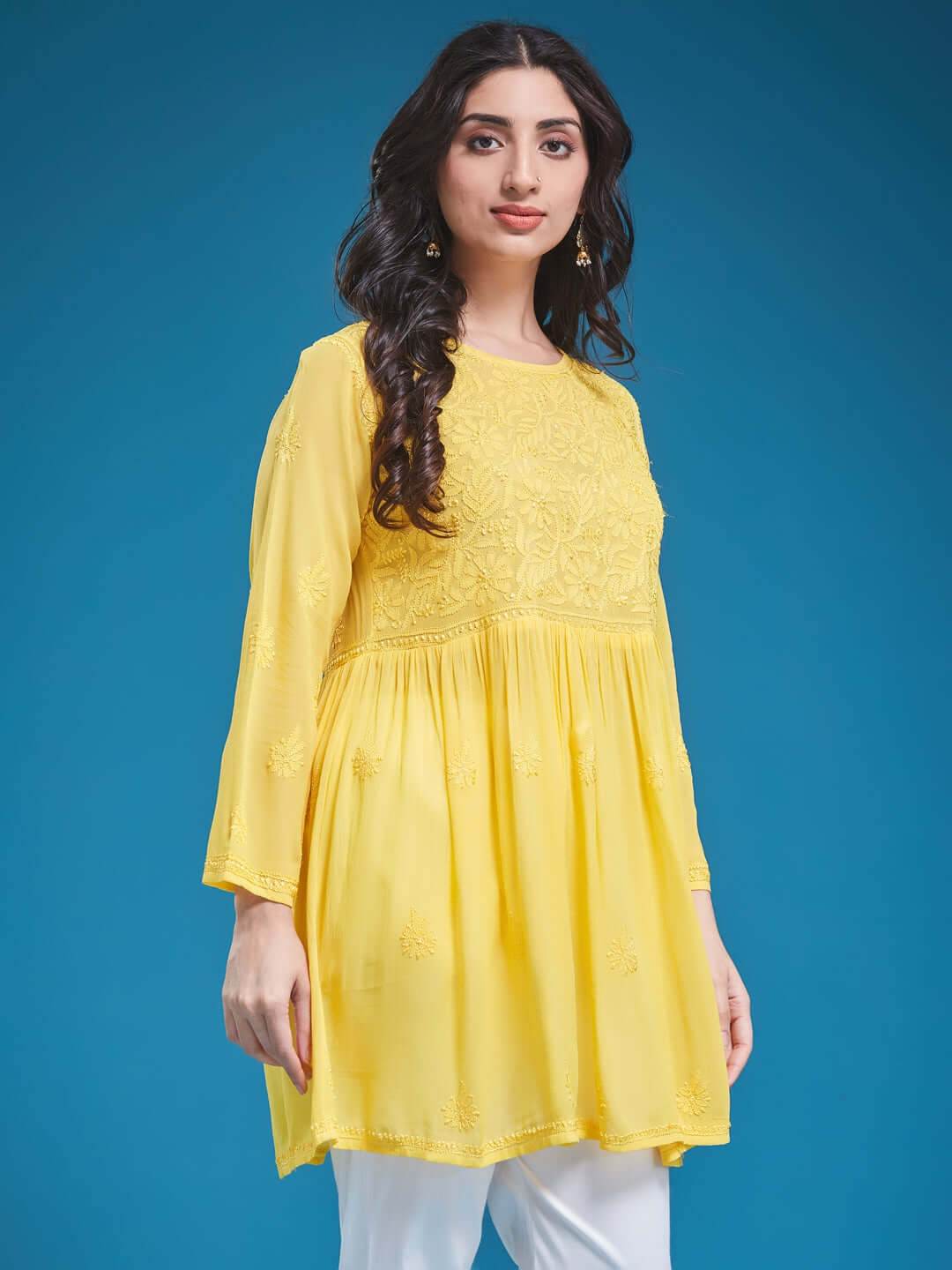 DILKUSHA Chikankari Georgette Mango Yellow Top - KRI CHIKANKARI
