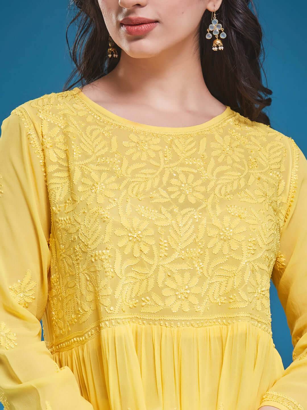 DILKUSHA Chikankari Georgette Mango Yellow Top - KRI CHIKANKARI