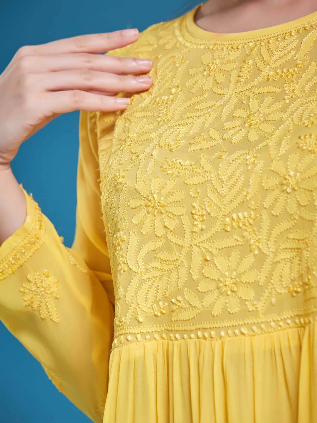DILKUSHA Chikankari Georgette Mango Yellow Top - KRI CHIKANKARI