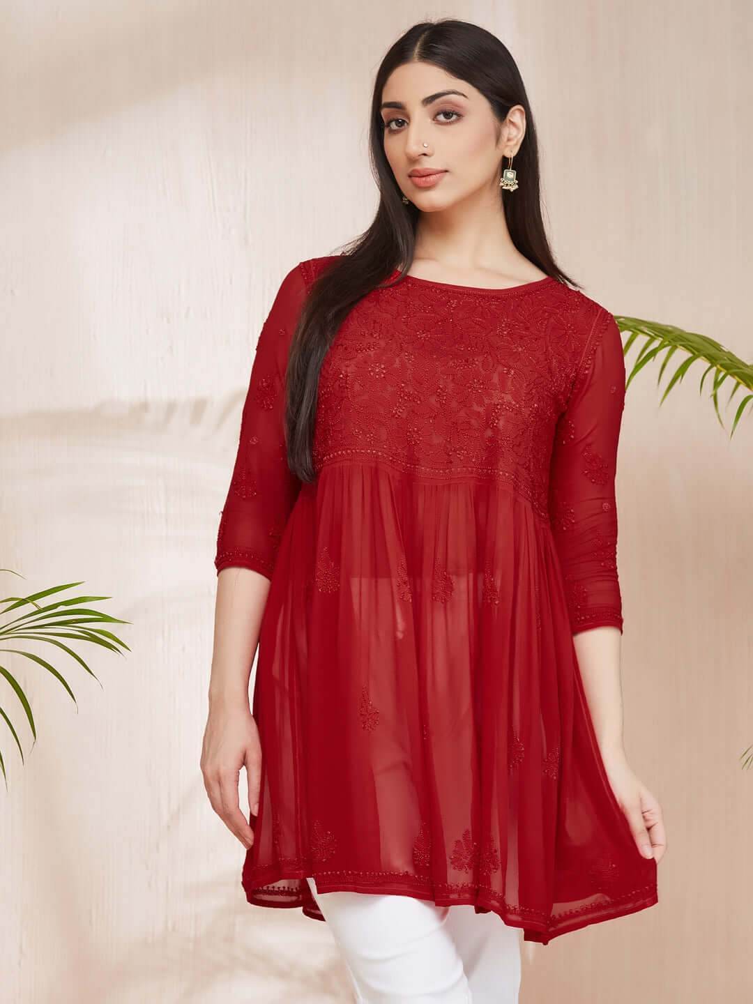 DILKUSHA Chikankari Georgette Red Top - KRI CHIKANKARI