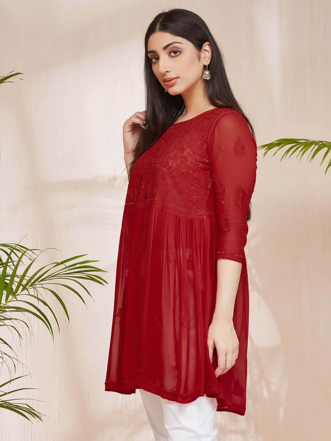 DILKUSHA Chikankari Georgette Red Top - KRI CHIKANKARI