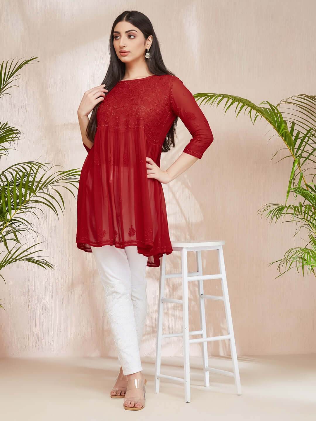 DILKUSHA Chikankari Georgette Red Top - KRI CHIKANKARI