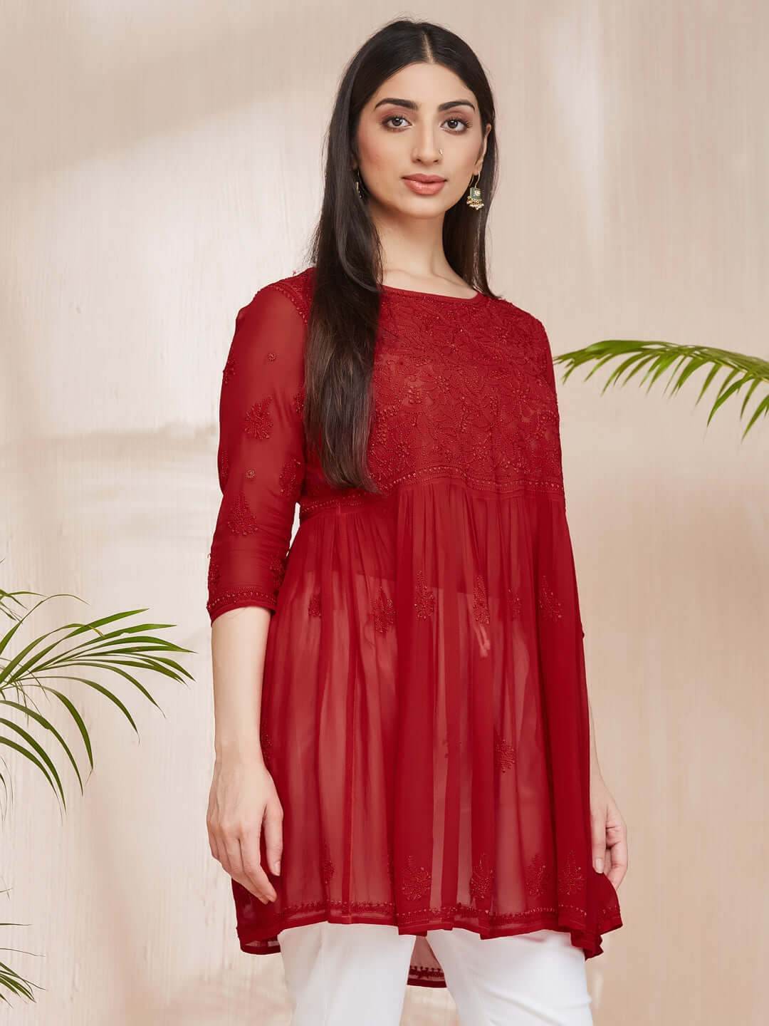 DILKUSHA Chikankari Georgette Red Top - KRI CHIKANKARI