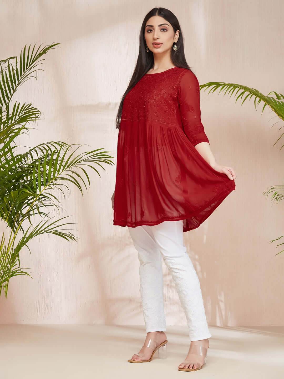 DILKUSHA Chikankari Georgette Red Top - KRI CHIKANKARI