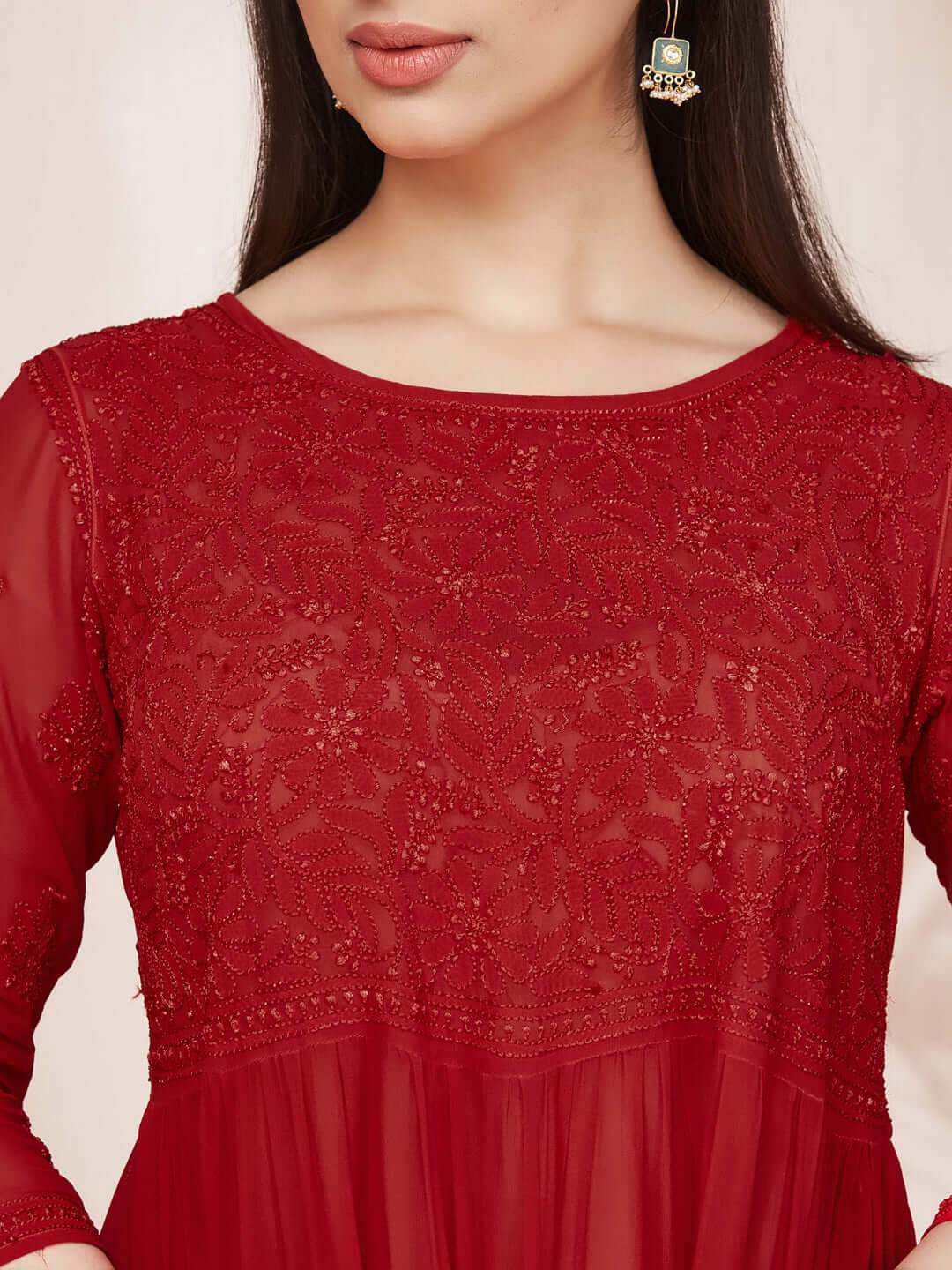 DILKUSHA Chikankari Georgette Red Top - KRI CHIKANKARI