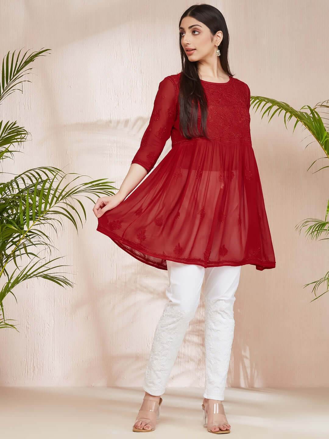 DILKUSHA Chikankari Georgette Red Top - KRI CHIKANKARI